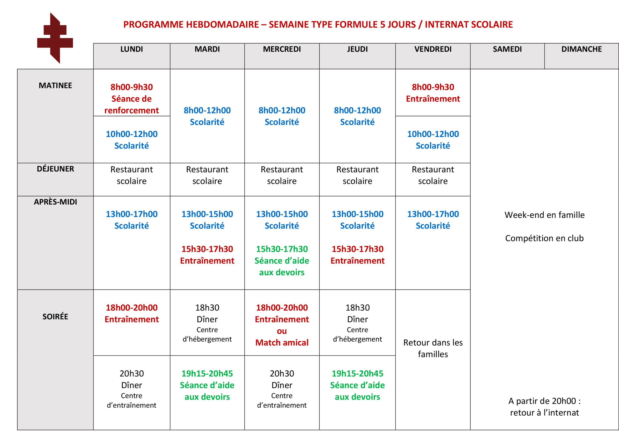 Programme hebdomadaire 5 jours