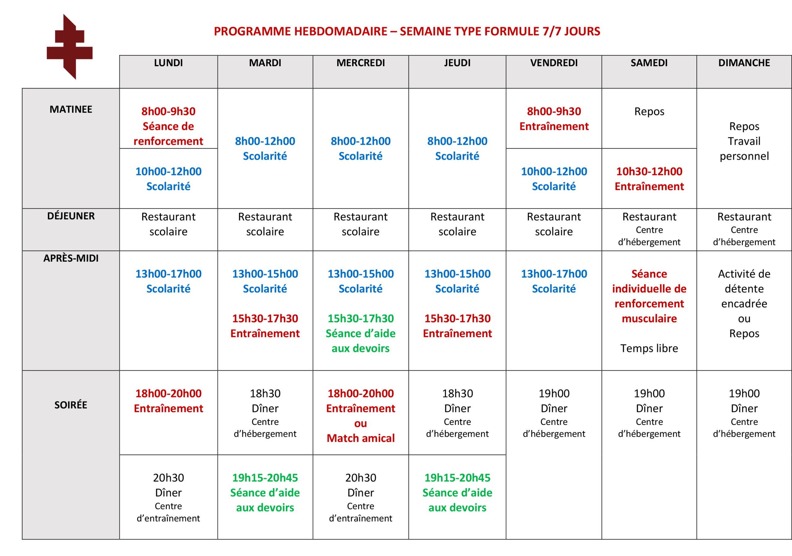 Programme hebdomadaire 7 jours